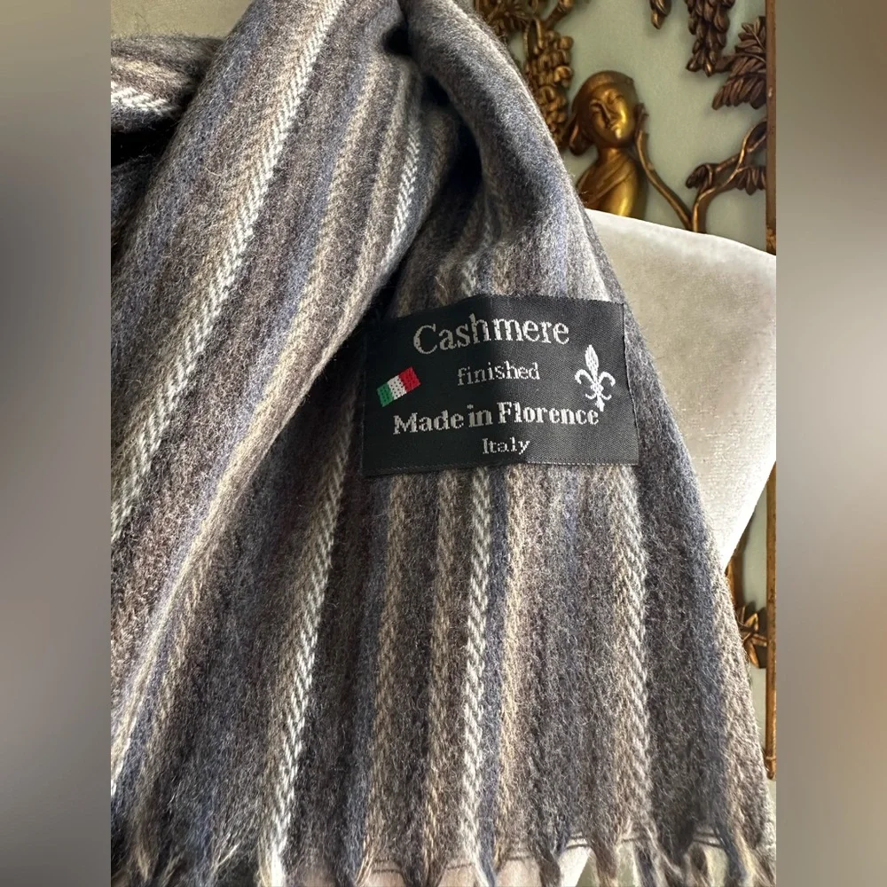 Cashmere Finished Made in Florence Italy Gray Striped Scarf